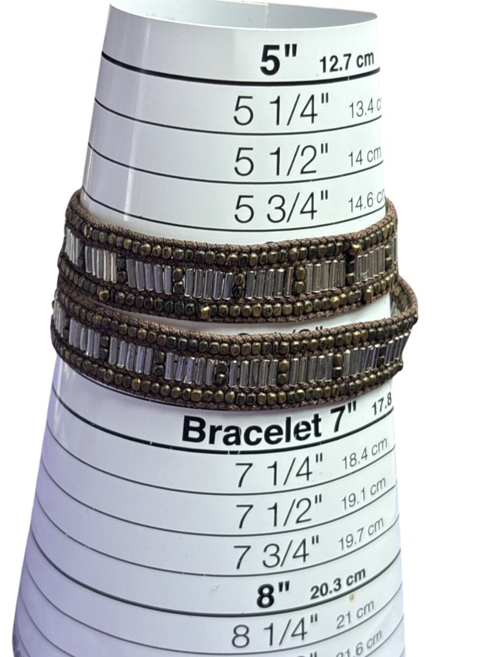 2 Tone Metal Beaded Brown Cord Wrap Bracelet Button Clasp 13.5 inches Long - Picture 3 of 4